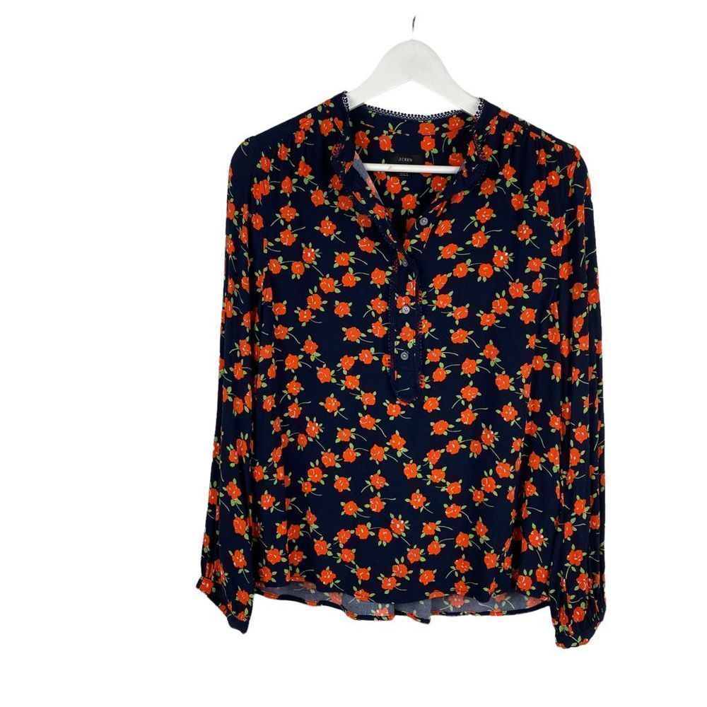 J. Crew Navy Blouse with Orange Floral Pattern